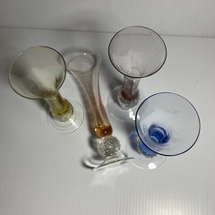 Vintage Hand Blown Glass Multi-color Champagne Flutes w/Icy Ball Stems 2.5oz – 4