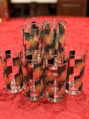 Classic MCM Atomic Starburst Glasses Black Gold Checkerboard 8pc Set Ex Cond