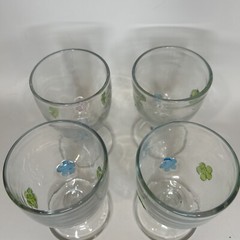 Set Of 4 Glass Goblets With Pink, Green, And Blue Applied Flowers Fused Glass