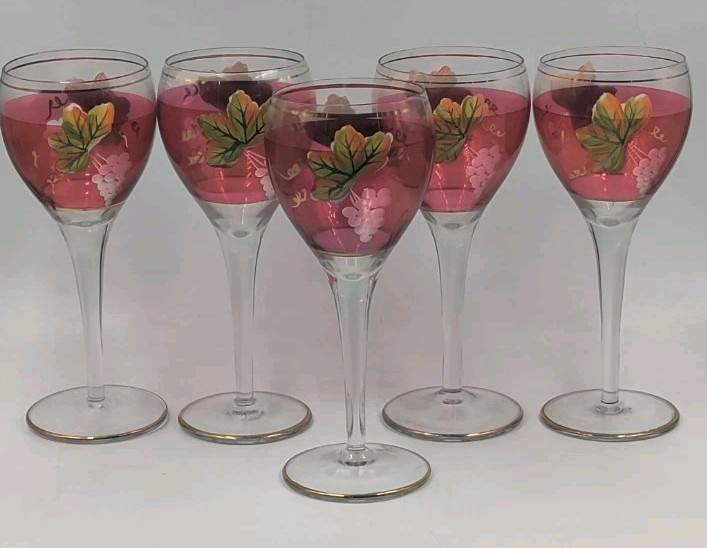 Romanian Crystal Clear Red Cranberry Hand Painted Etched Grapes Cordial Glasses