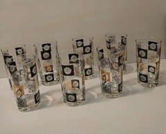 MCM Federal Highball Glasses Stenciled Geometric And Floral Gold And Black