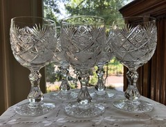 ELMIRA #17 AMERICAN BRILLIANT CUT GLASS WATER WINE GOBLETS (5) C.1903 6 3/4″H