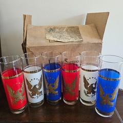 VINTAGE Libbey Safedge Glasses Red White Blue GOLD EAGLE Tom Collins w/Orig Box