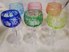(6) AJKA MARSALA Cut To Clear Crystal Tall Hock Wine Glasses Multicolor 8 3/8″