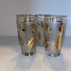 VTG LIBBEY FROSTED ETCHED GOLD AUTUMN LEAVES 4 Tall Glasses