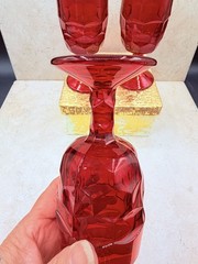 Viking Ruby Red Honeycomb Glass Georgian Wine Water Goblets Set of 3 Cadmium Rim