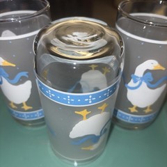3 Libby Fristed Drinking Glass Goose Duck Blue Ribbons Cottagecore Whimsy