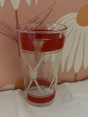 MCM Glass Highball Tumblers with Metal Carrier Caddy Red Stripes Barware