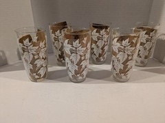Set of 6 Vintage Hazel Atlas Tumbler Drinking Glasses White Maple Leaf Design