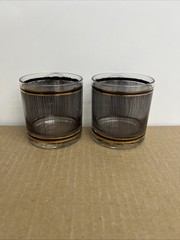 2 Vintage Signed Georges Briard Rocks Glasses in BLACK Pinstripe with Gold Bands