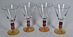 Set of (4) Vintage Water Wine Glass Goblets Double Ball Amber Iridescent Stem