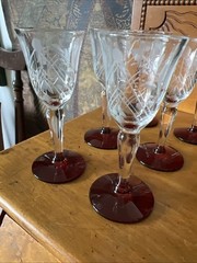 Ruby Red Clear Etched Floral And Leaf Design Vintage Cordial Glasses Set Of 6