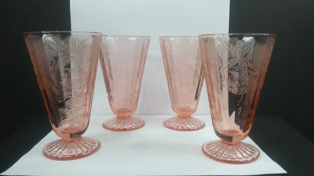 Jeannette Glass, Floral aka Poinsett, Pink, Tumblers, 4-Footed, c 1931-35, ExCd