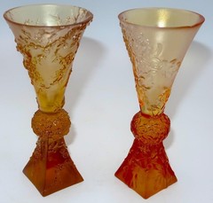 Liuligongfang Art Glass, Amber Ball Stem Square Base Glass 5 7/8″ Set of 2 CHIPS