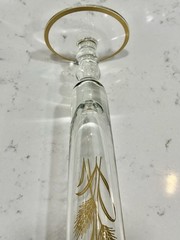 MCM Vintage Fluted 10” Footed Bud Vase Clear Glass Gold Wheat Design Gold Trim