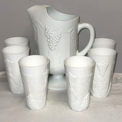 Indiana Colony HARVEST GRAPES WHITE 64 oz PITCHER & 6 ICED TEA TUMBLERS