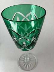 Bohemian Cut Crystal Glass Emerald Green Water Wine Goblet 9″