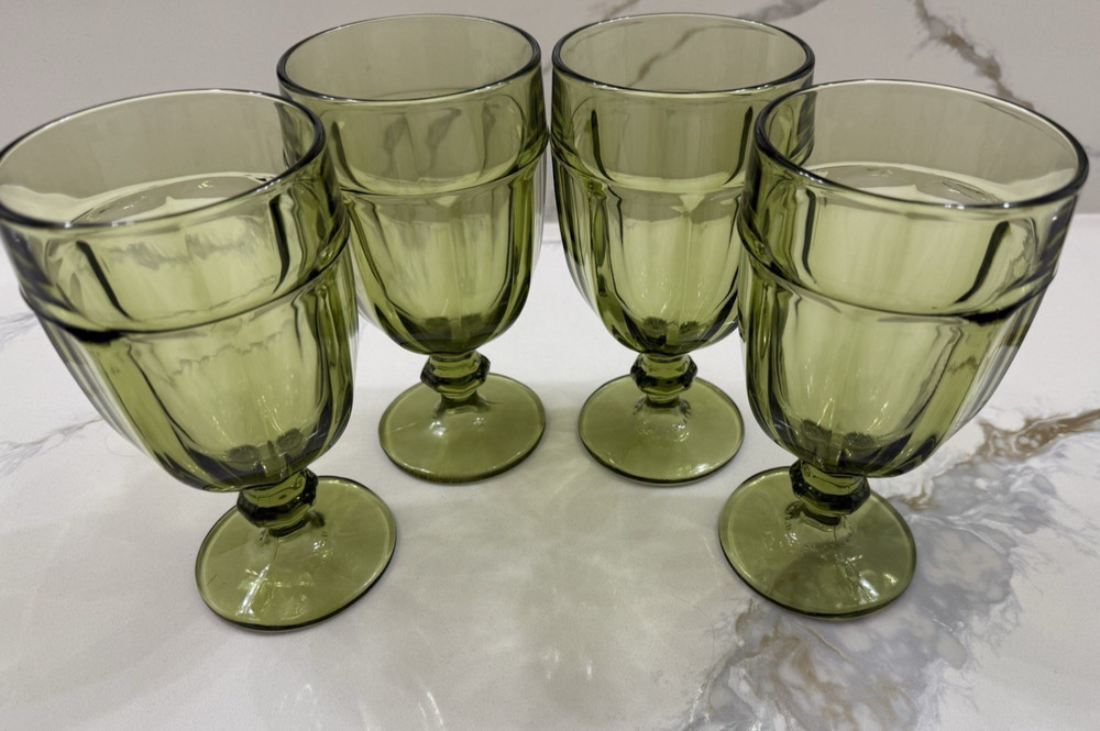 4 Libbey Duratuff Gibraltar Olive Green Goblet 6 3/4″ Glasses 16oz USA Vintage