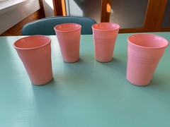 HAZEL ATLAS MODERNTONE PLATONITE PASTEL PINK 9oz. TUMBLER – SET OF 4