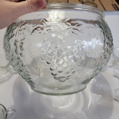 Indiana Glass Punch Bowl with Embossed Grapes, 8 Matching Cups and Hooks