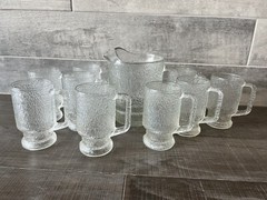 vintage Clear pitcher (1) and (9) glassware With Handles set 10 Pcs
