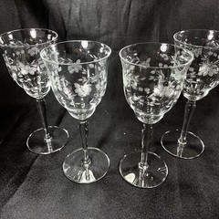 4 VTG Colony (?) Wine Glasses Goblets Floral Etched Lead Free Clear Cut Flaw
