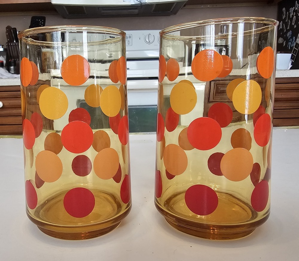 2 Vintage Libbey Amber Red Orange Yellow Polka Dot Juice Glasses MCM 4.75″
