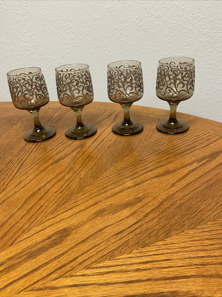 Libbey Prado Water Goblet Glasses Embossed Scroll Tawny Brown 70s Set 4 Wine