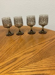Libbey Prado Water Goblet Glasses Embossed Scroll Tawny Brown 70s Set 4 Wine