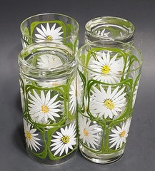 4 Vintage Libbey Glass Green Square White Daisy Yellow Drinking Glasses 1970s