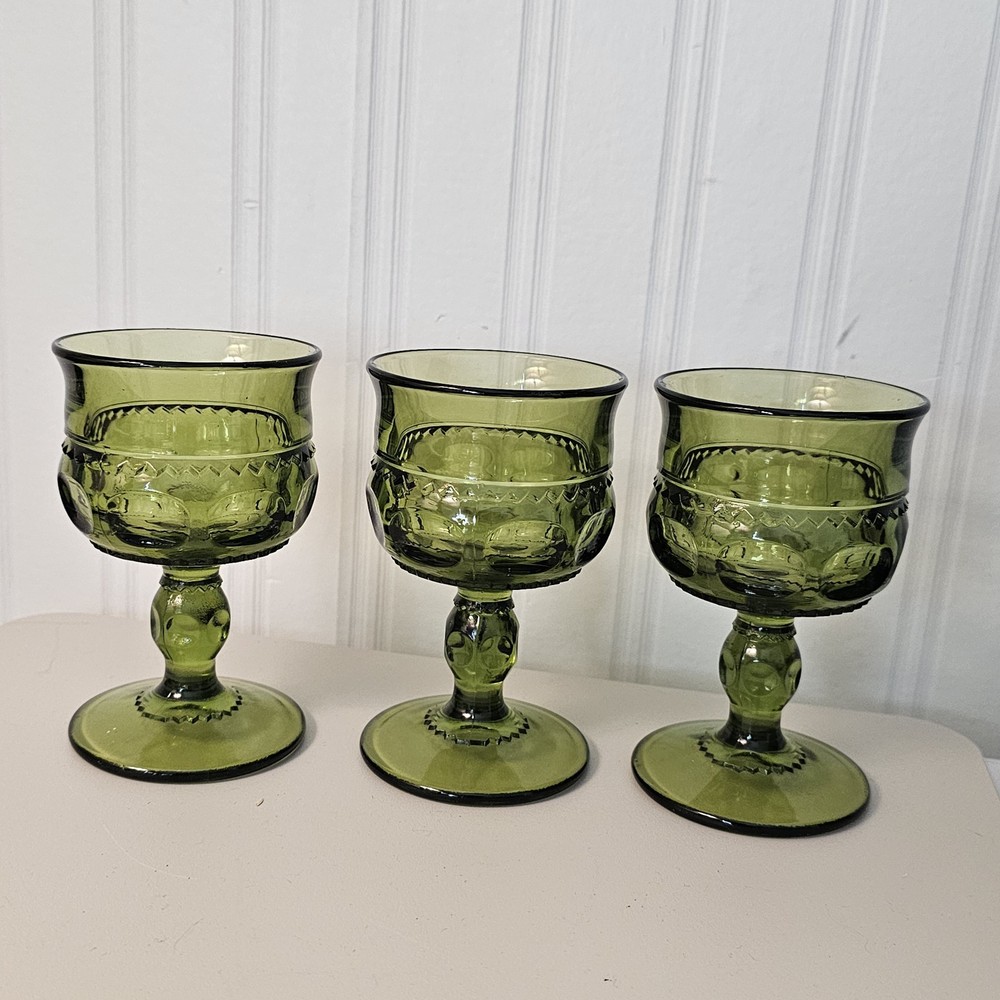 3 Vintage Indiana Kings Crown Avocado Green Glass Thumbprint Goblets 4 1/2″ Tall