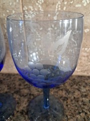 Etched Vintage Hand Blown Glass 6″ Goblet, Grape Design, Blue Set of 2
