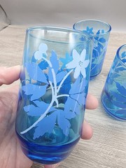 Set Of 3 Libbey Blue Floral Daisy Glasses 5” MCM Great Condition Flower Vintage