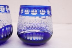 VTG SET 3 BOHEMIAN CZECH CUT TO CLEAR CRYSTAL TUMBLERS GLASSES COBALT BLUE 3.25″