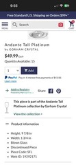 Gorham Andante Tall Platinum Crystal Champagne Flutes Tulip Stem 10″ Pair (2)