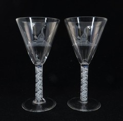 Beautiful Antique Air Twist Stem & Etched Glass Stemware: 2 Wine Glasses 7 7/8″t