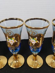 6 Vintage Bohemian Cobalt Cordial Hand Painted Shot Glass Gold Decoration