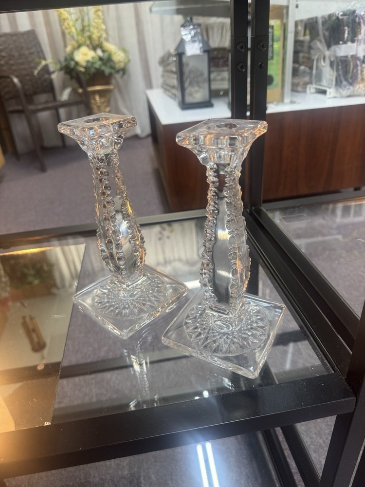 Antique Edwardian Fry (H.C.) Glass Co. clear glass candleholders