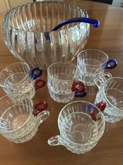 Vintage Duncan Miller Radiance Punch Bowl Set 12 Cups & Ladle UV Reactive Glass