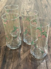 Vintage Set Of 4 Striped Pink And Green 6” High Ball Dinner Glasses Floral Print