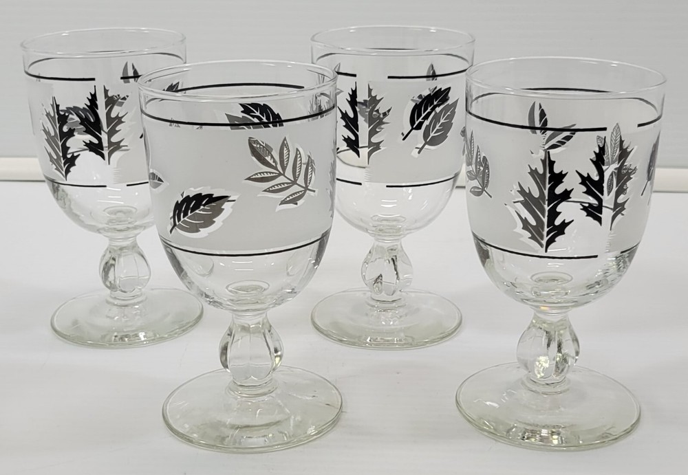 *MM) Set of 4 Libbey Glass Company Silver Foliage Leaves Stem Water Goblets 3003
