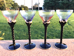 Cordials Black Glass Stem Pink & Blue Top Hand Blown Bi Color VTG Set 4 Handmade