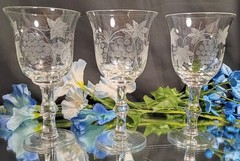 3 Vintage Grape & Leaf Cut Wine Glasses Goblets Set