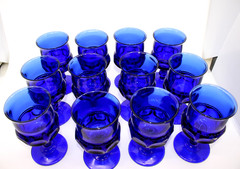 Indiana Glass Cobalt Blue Kings Crown Thumbprint Goblets Set of 12 Vintage Stem
