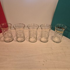 Lot of 5 Clear Glasses with Gold Rim. 4.5 Inches Tall with Vintage Ribbed Design