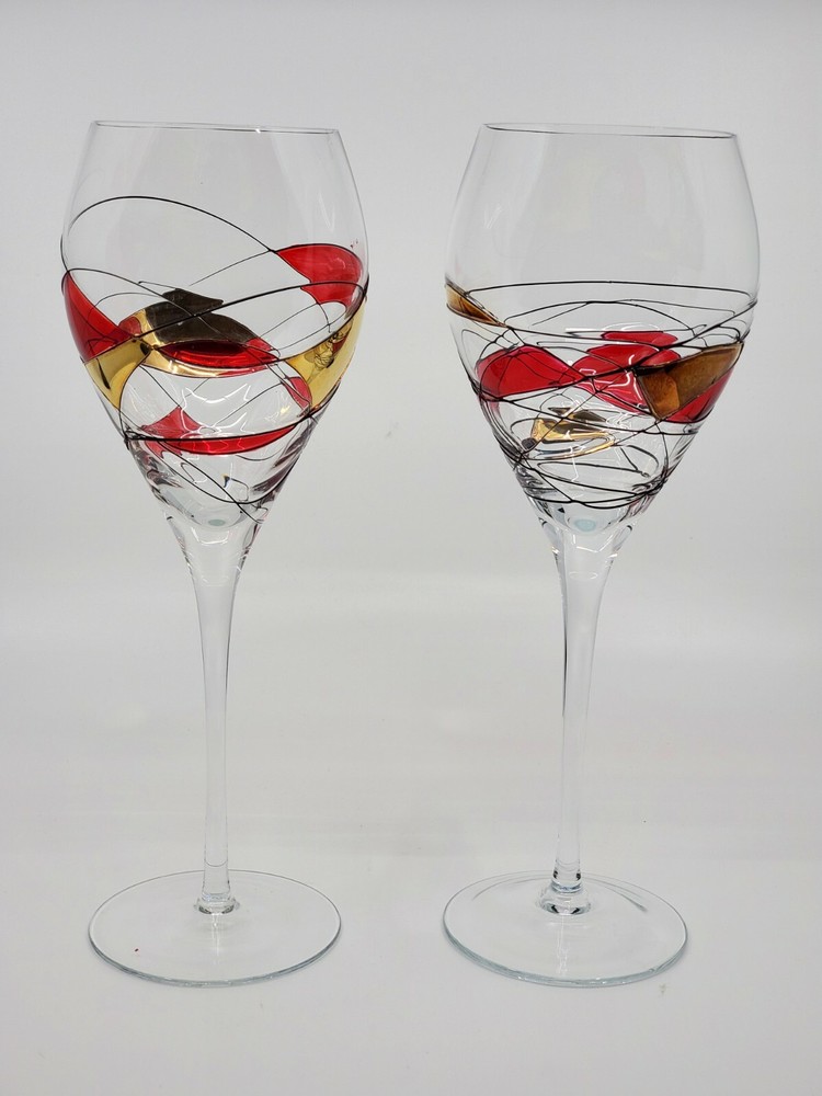 MILANO Mosaic Stained glass RED GOLD WATER GOBLETS STAINED 10 1/8” set of 2