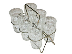 Vtg Hazel Atlas White Grape Vines Glasses Set 6 W/ Drink Caddy MCM Retro Barware