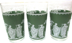 Vintage Jeannette Glass Tumblers SET OF 3 Hellenic Green Gold Trim 5″ T