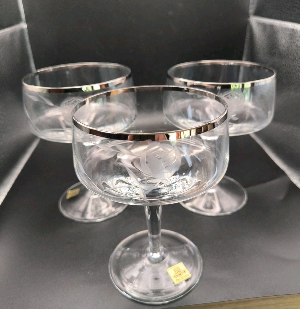 3 Vintage Forest West Germany Rose Etched Crystal Champagne Coupes – Silver Rim