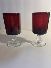 Vintage RUBY RED Cordial Shot Glasses France Luminarc Clear Stems/Bases Set Of 2